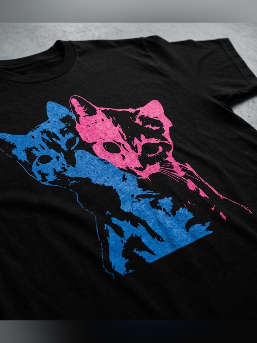 Retro Black Cat Duo Graphic Tee - Pink & Blue Cat Print